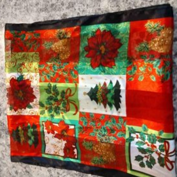 Christmas Scarf Oblong 13x56 Red Green Fun Poinsettia Trees Kim Rodgers - Picture 5 of 6